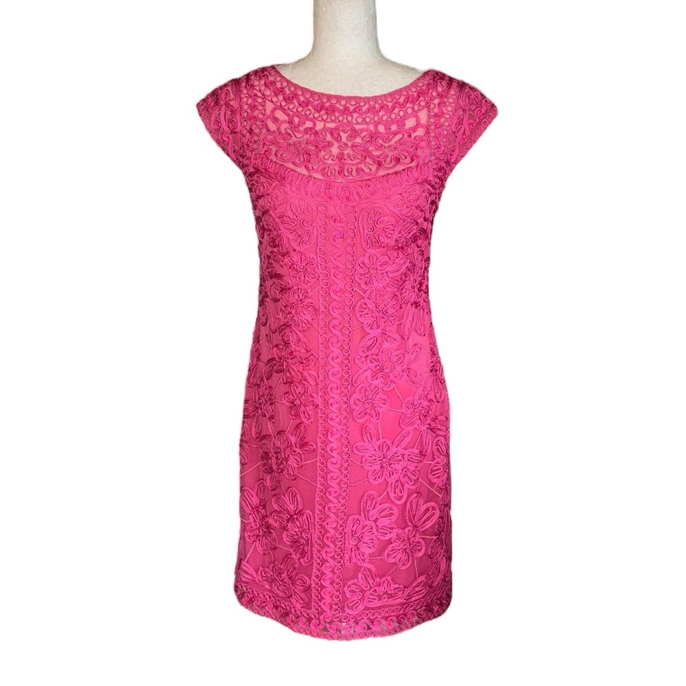 Sue Wong Hot Pink Ribbon Lace Mesh Cap Sleeve Mini Dress - 4